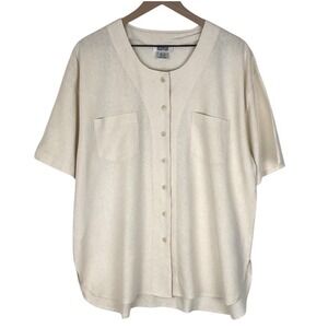 VTG SOSTANZA 100% Silk Top Women's Sz XL Button Up Textured V-Neck Short Sleeve